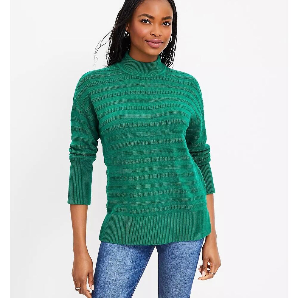 LOFT Kelly Green Knit Sweater Size Medium Ribbed Horizontal Mock Neck